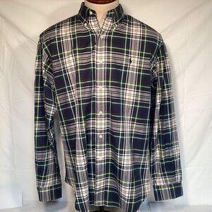 Ralph Lauren Classic Fit Navy and Green Plaid Cotton Shirt Men’s Size Large